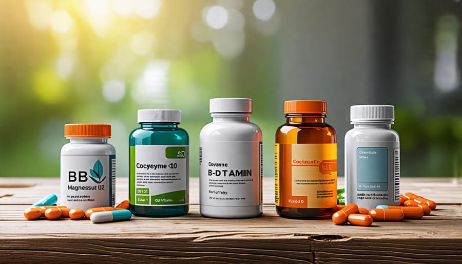 Bottles and containers of dietary supplements including coenzyme Q10, B vitamins, and magnesium