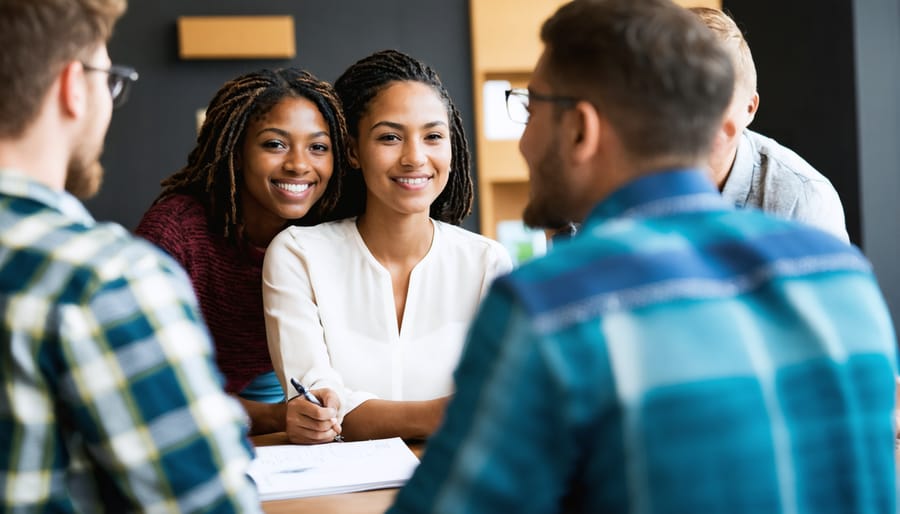 Support group meeting with diverse individuals sharing experiences