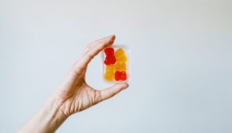 Hand holding a container of THC gummies