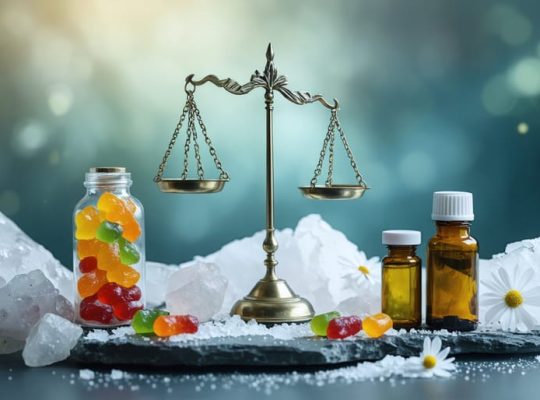 A conceptual balance scale showing THC gummies weighing on one side against traditional medicines, symbolizing the exploration of alternative treatments for Chronic Fatigue Syndrome.