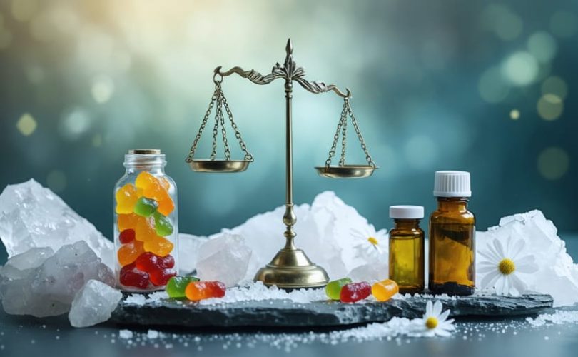 A conceptual balance scale showing THC gummies weighing on one side against traditional medicines, symbolizing the exploration of alternative treatments for Chronic Fatigue Syndrome.