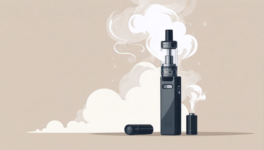 Illustration depicting a vaping device releasing smoke clouds