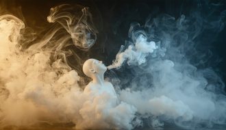 Abstract representation of the mental health effects of vaping, showing swirling smoke from a vaping device illustrating anxiety and depression, set against a backdrop symbolizing the isolation in Chronic Fatigue Syndrome.