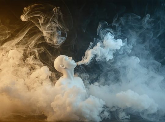 Abstract representation of the mental health effects of vaping, showing swirling smoke from a vaping device illustrating anxiety and depression, set against a backdrop symbolizing the isolation in Chronic Fatigue Syndrome.