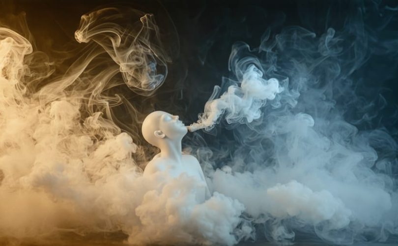 Abstract representation of the mental health effects of vaping, showing swirling smoke from a vaping device illustrating anxiety and depression, set against a backdrop symbolizing the isolation in Chronic Fatigue Syndrome.